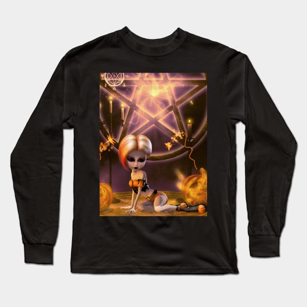 Little girl with pumpkin and candle light Long Sleeve T-Shirt by Nicky2342